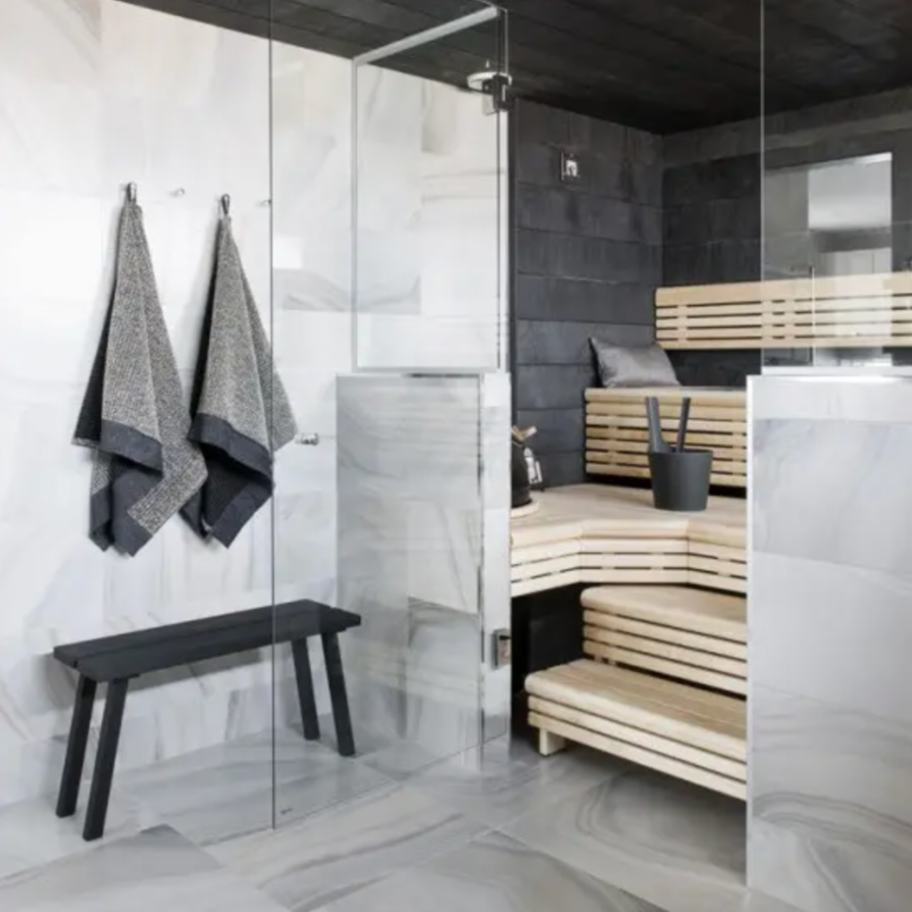 modern indoor sauna with marble shower room