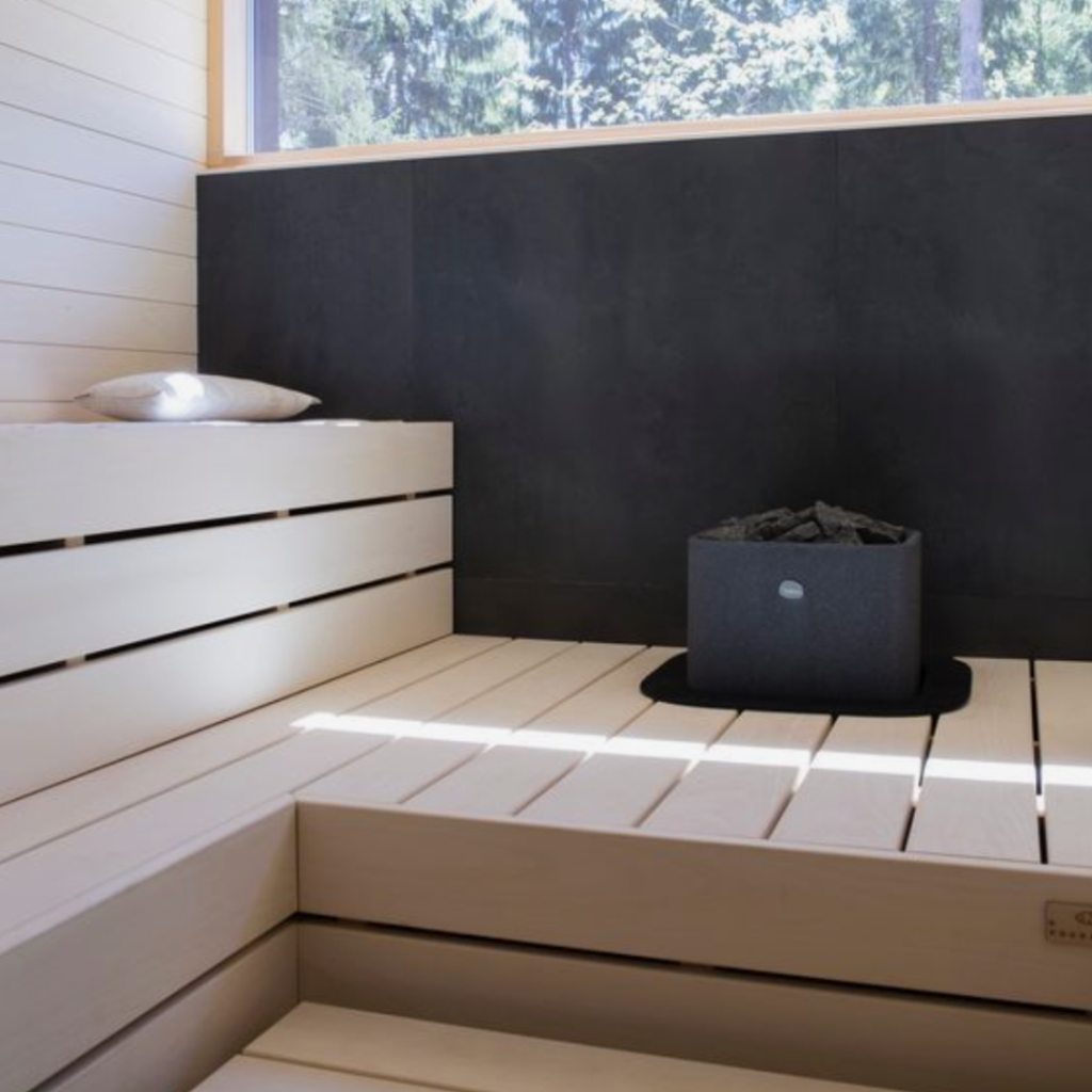 black and natural sauna with integrated heater