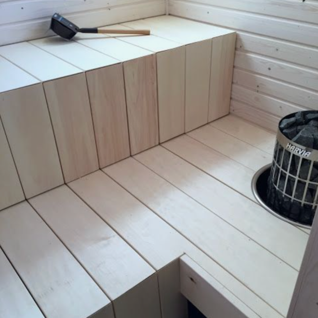 white sauna with integrated heater